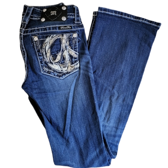 Miss Me Mid-rise Bootcut Jeans 26 Embellished Peace Sign Dark Blue - Picture 3 of 7